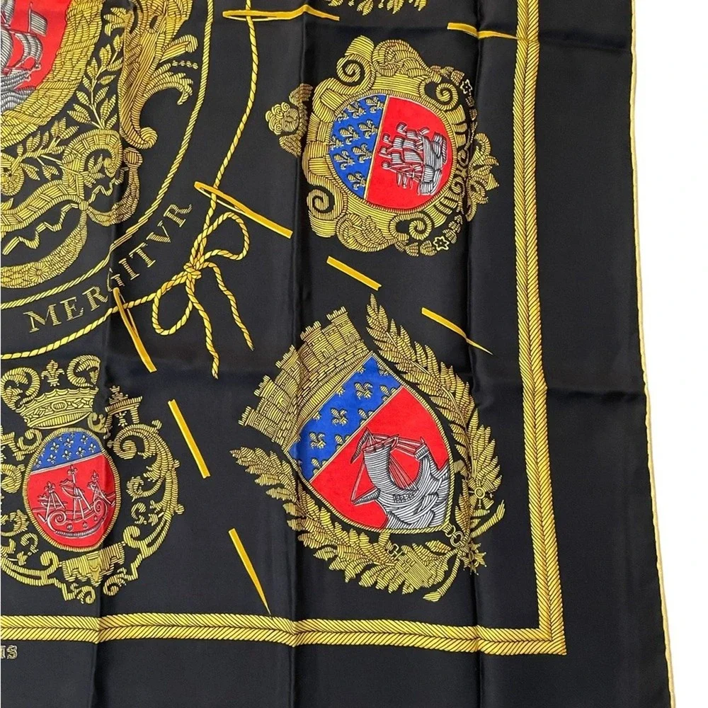 Hermes Les Armes de Paris Silk Scarf Womens Black Gold Coat of Arms Authentic